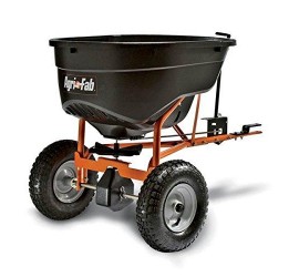 Super Heavy Duty Pull-Tow Behind 130 Pound Yard Lawn Field Garden Broadcast Spreader- Rod Linked On/Off With Precise Settings- Cased Gear Box Tapered Gearing- All Season Tires Long Lasting Durable
